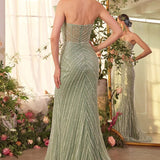 Pleated Fan Bodice Fitted Pearl Gown-2