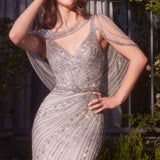 Shoulder Drape Crystal Beaded Gown-3