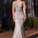 Shoulder Drape Crystal Beaded Gown-0