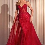 Beaded Fitted Gown With Overskirt-6