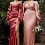 Long Sleeve Off Or On The Shoulder Soft Satin Dress.-9