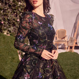 Long Sleeve Black Embellished Ball Gown-1