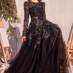 Long Sleeve Black Embellished Ball Gown-0