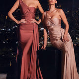 One Shoulder Stretch Satin Gown-0